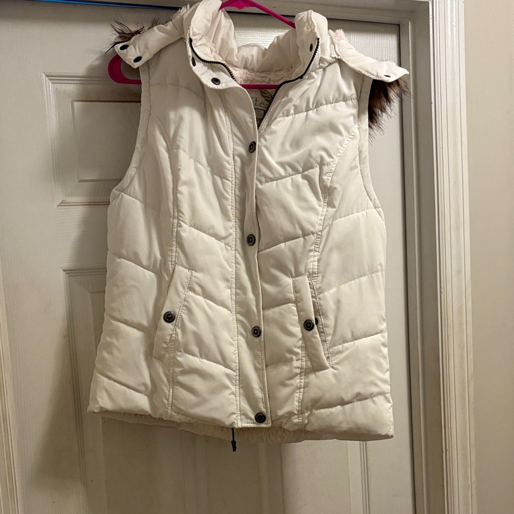 Women's Cream Puffer Vest with Removable Hood